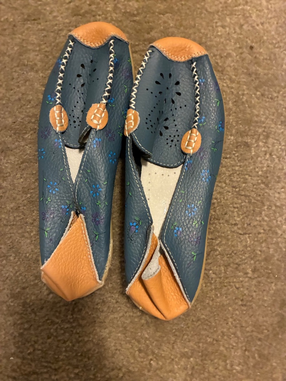 Blue Floral Leather Slip-On Women’s Flats with Tan Accents